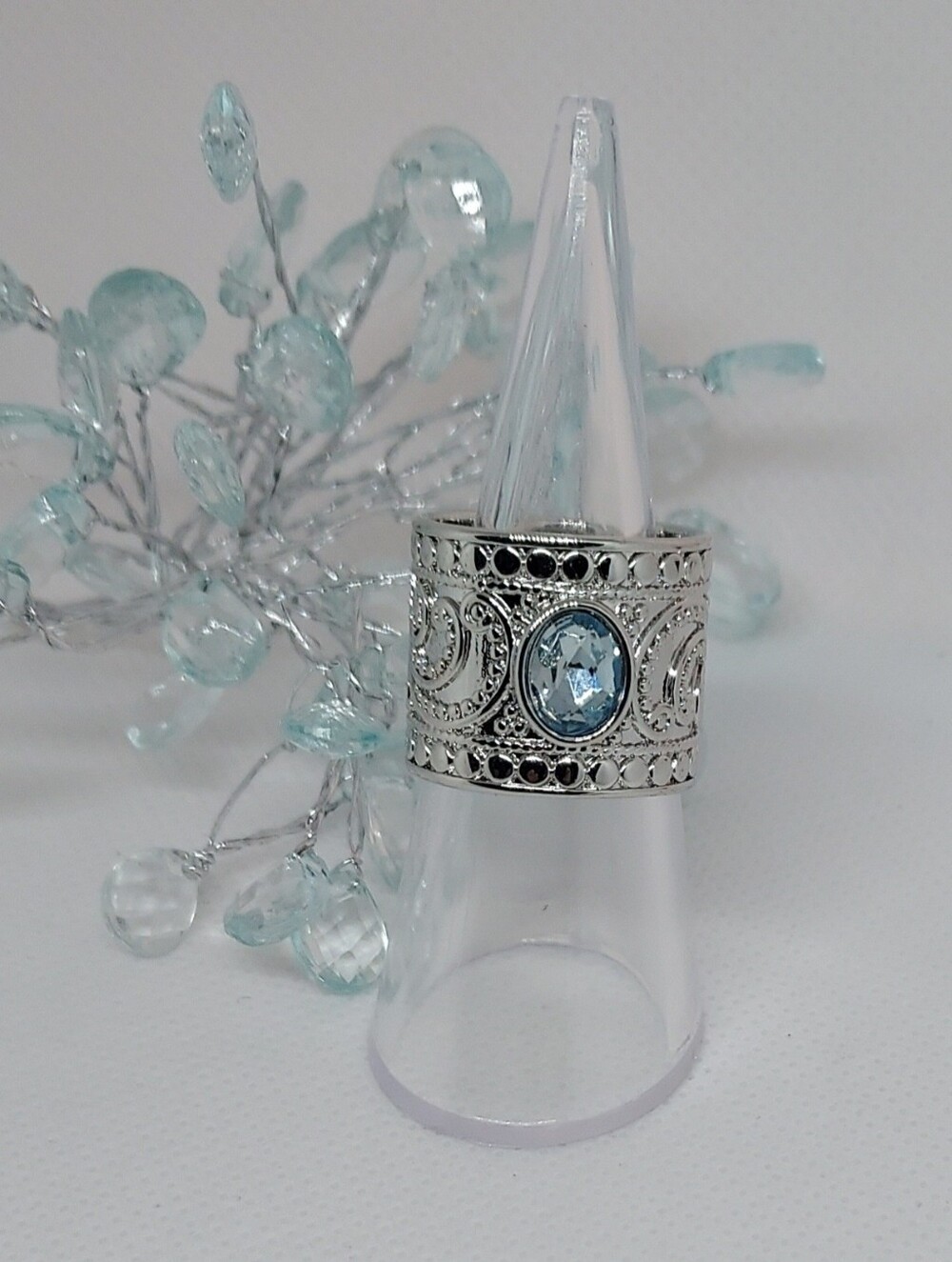 Silver Ring With Aqua Blue Crystal Filigree Statement Size 7 - NWT